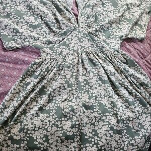 Sage Green Floral Midi Dress with White Blossoms